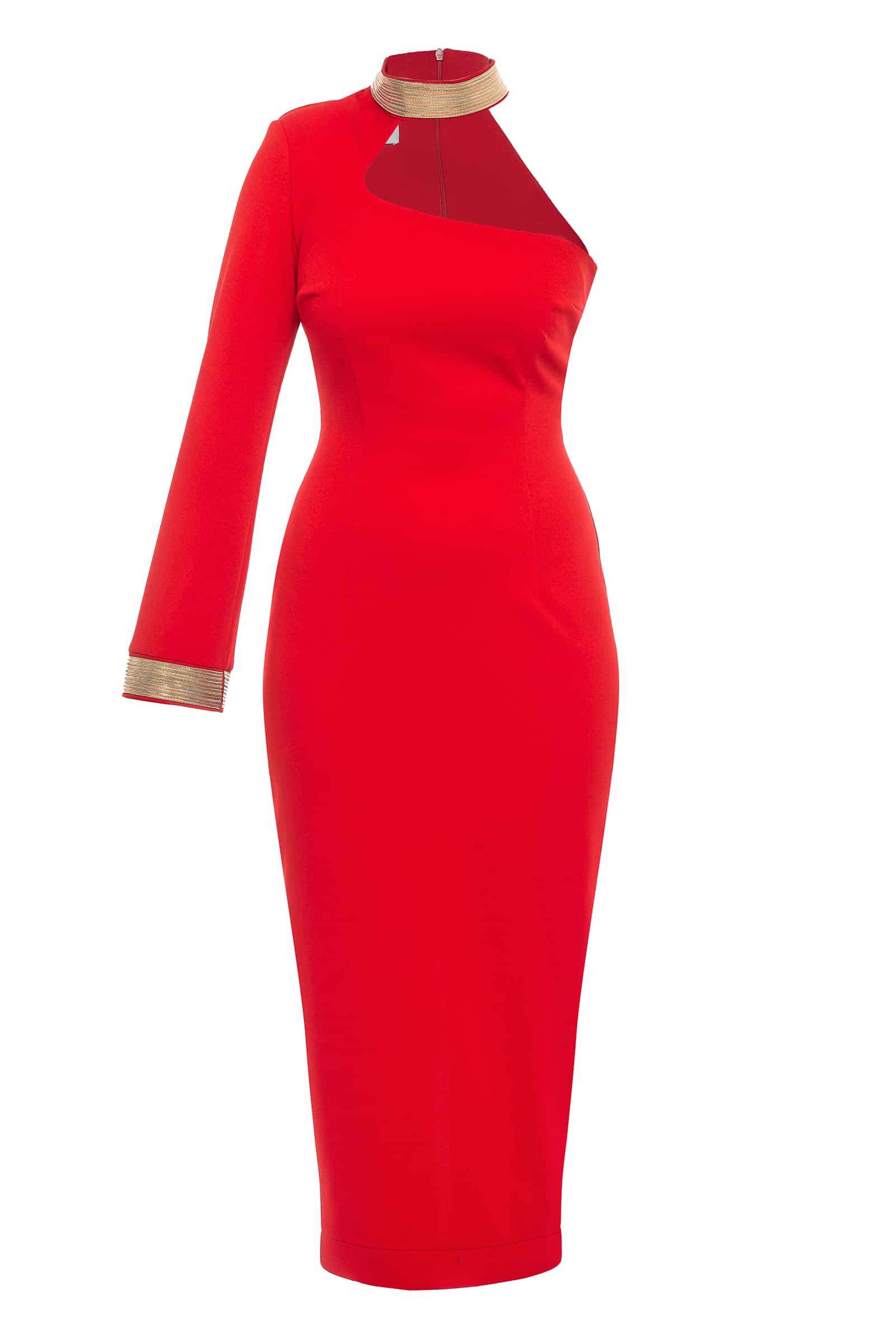 Красное платье-футляр с металлической отделкой 